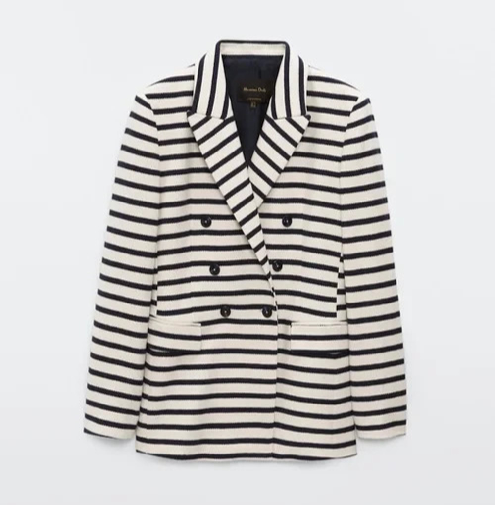 Massimo Dutti Double Breasted Striped Blazer cotton Cream Medium A010627